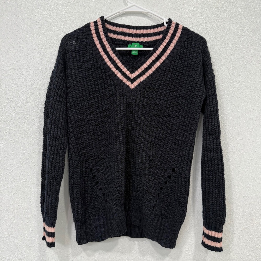 Black V Neck Sweater Pink Trim Long Sleeve Knit Pullover Casual‎ Cute Top Preppy